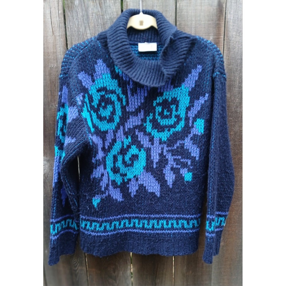 Vintage 80s NEXT Sweater Chunky Knit‎ Floral Roses Blue Purple Turtleneck Retro